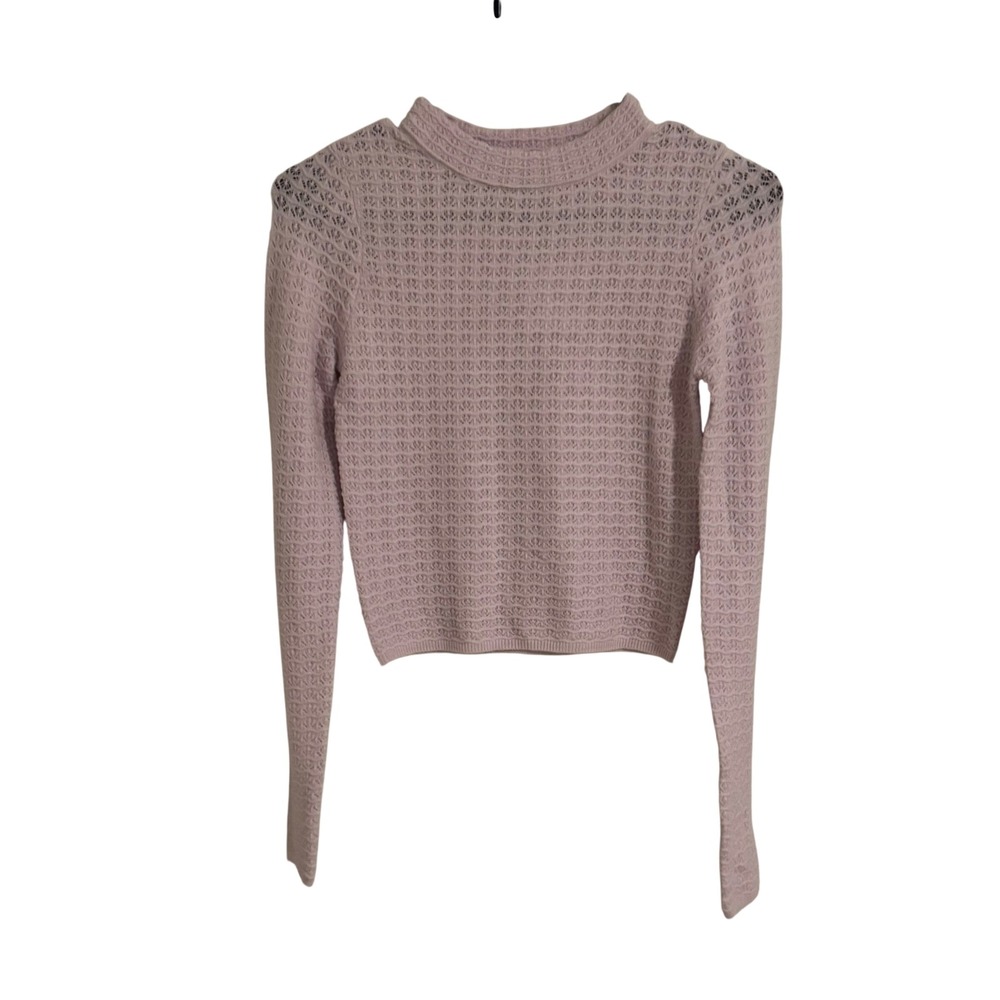 Poof New York Lavender Pointelle Mock Neck Long Sleeve Cropped Knit Top Small